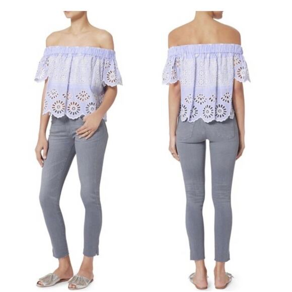 SEA New York Off-the-Shoulder Blue White Stripe Eyelet Top Size 0 - Picture 2 of 9